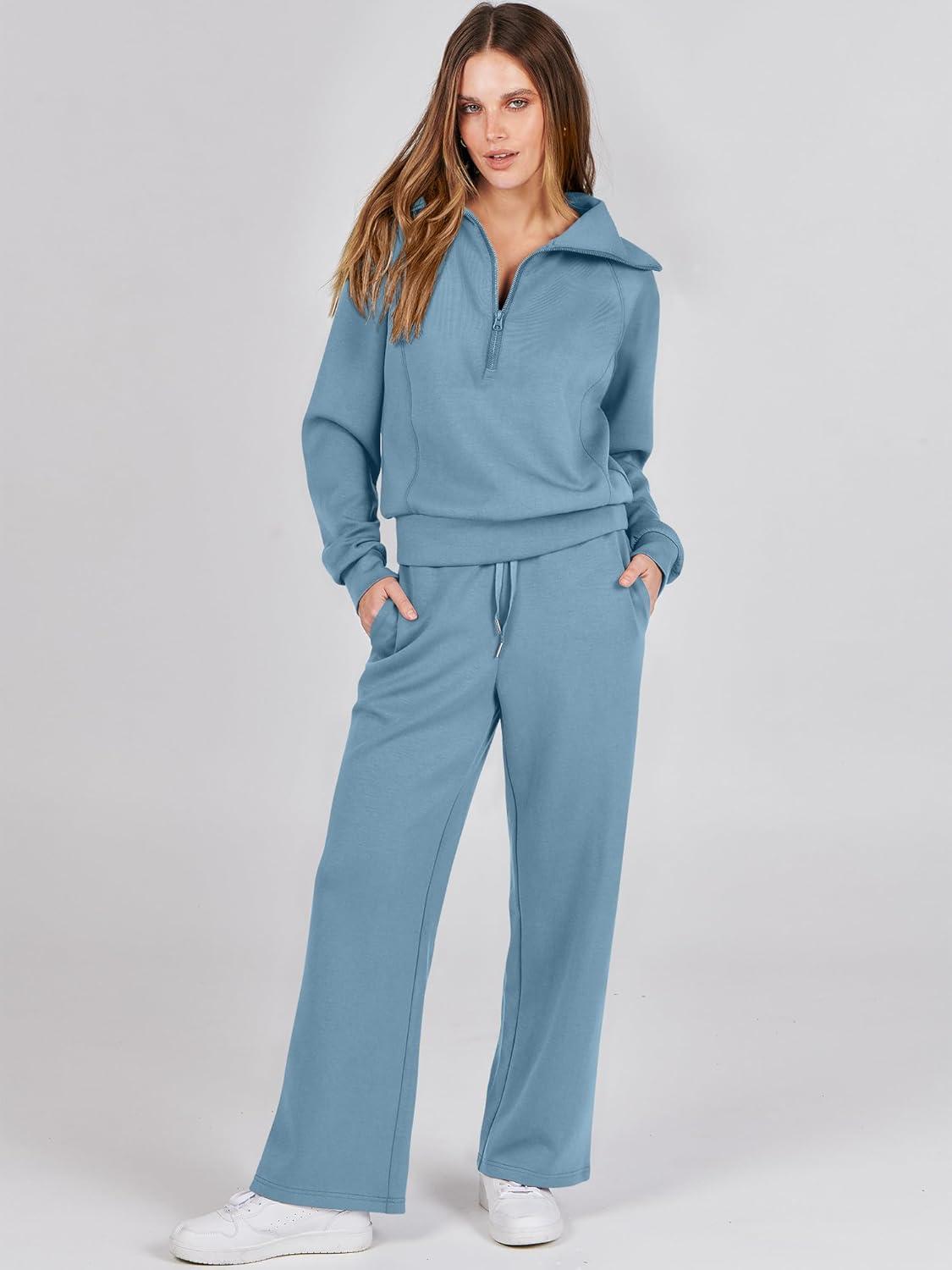 imageANRABESS Women 2 Piece Outfits 2025 Fall Fashion Airport Wide Leg Pants Lounge Set Leisure Travel Vacation Clothes SweatsuitsBlue