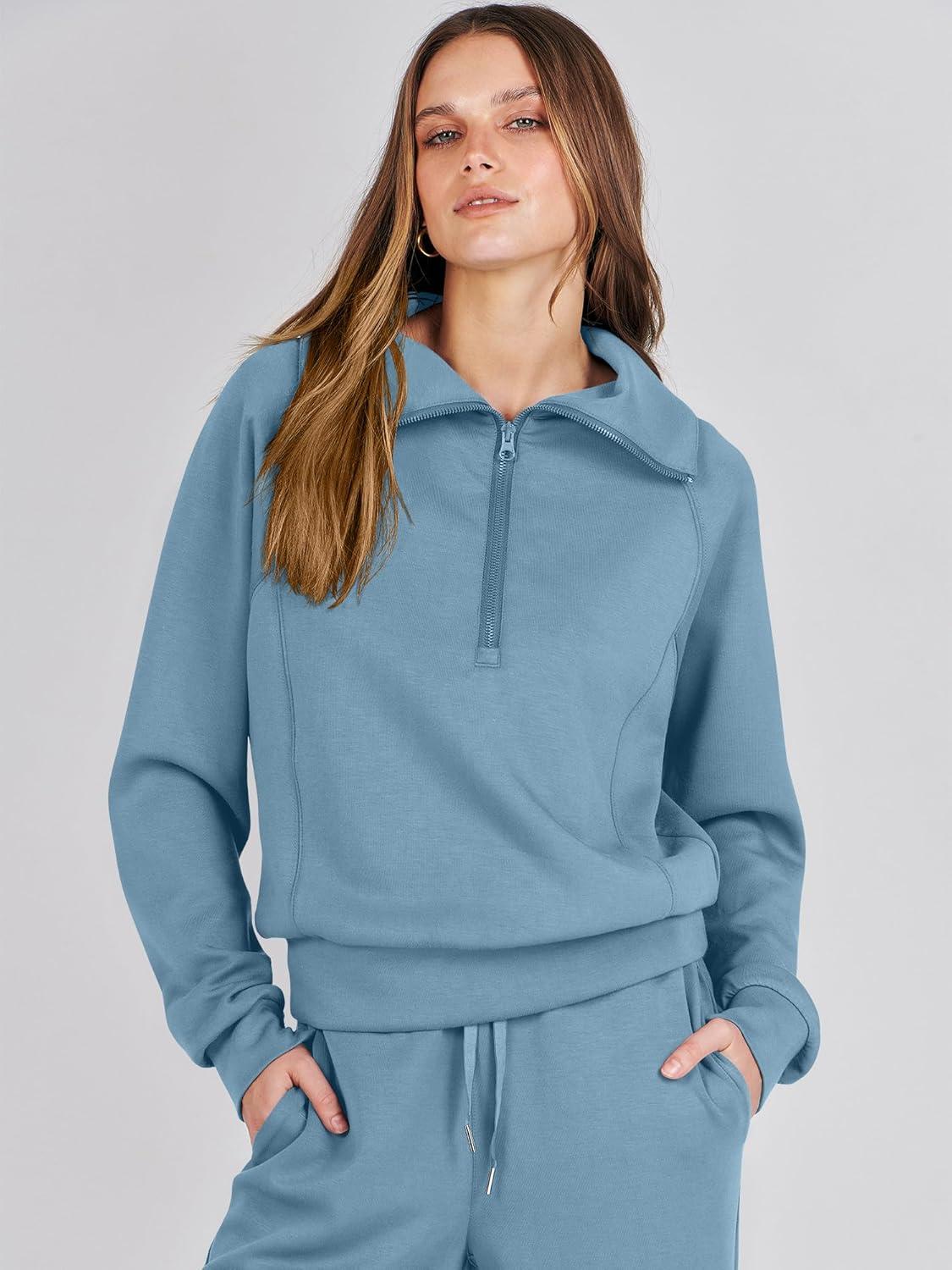 imageANRABESS Women 2 Piece Outfits 2025 Fall Fashion Airport Wide Leg Pants Lounge Set Leisure Travel Vacation Clothes SweatsuitsBlue