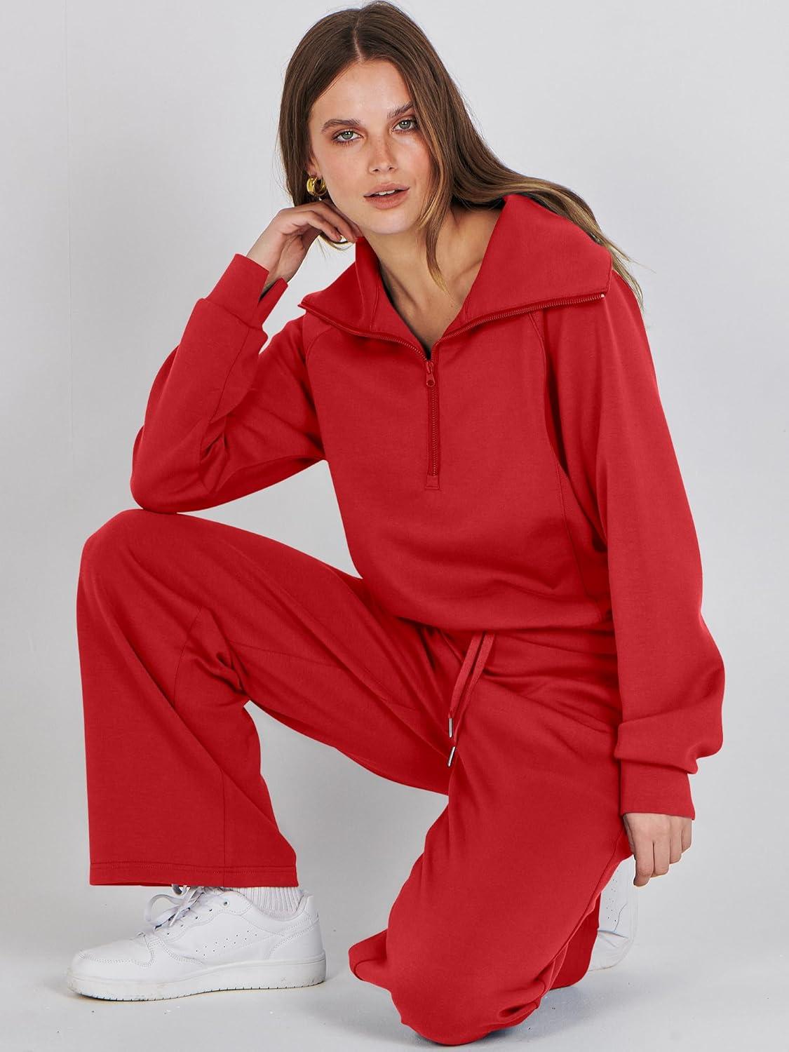 imageANRABESS Women 2 Piece Outfits 2025 Fall Fashion Airport Wide Leg Pants Lounge Set Leisure Travel Vacation Clothes SweatsuitsBright Red