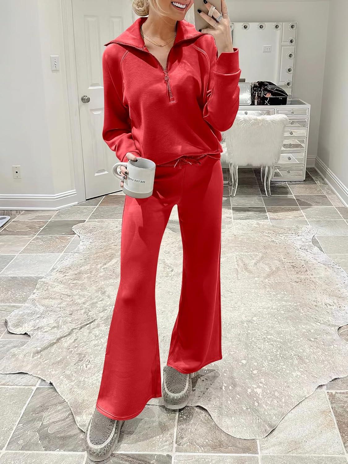imageANRABESS Women 2 Piece Outfits 2025 Fall Fashion Airport Wide Leg Pants Lounge Set Leisure Travel Vacation Clothes SweatsuitsBright Red