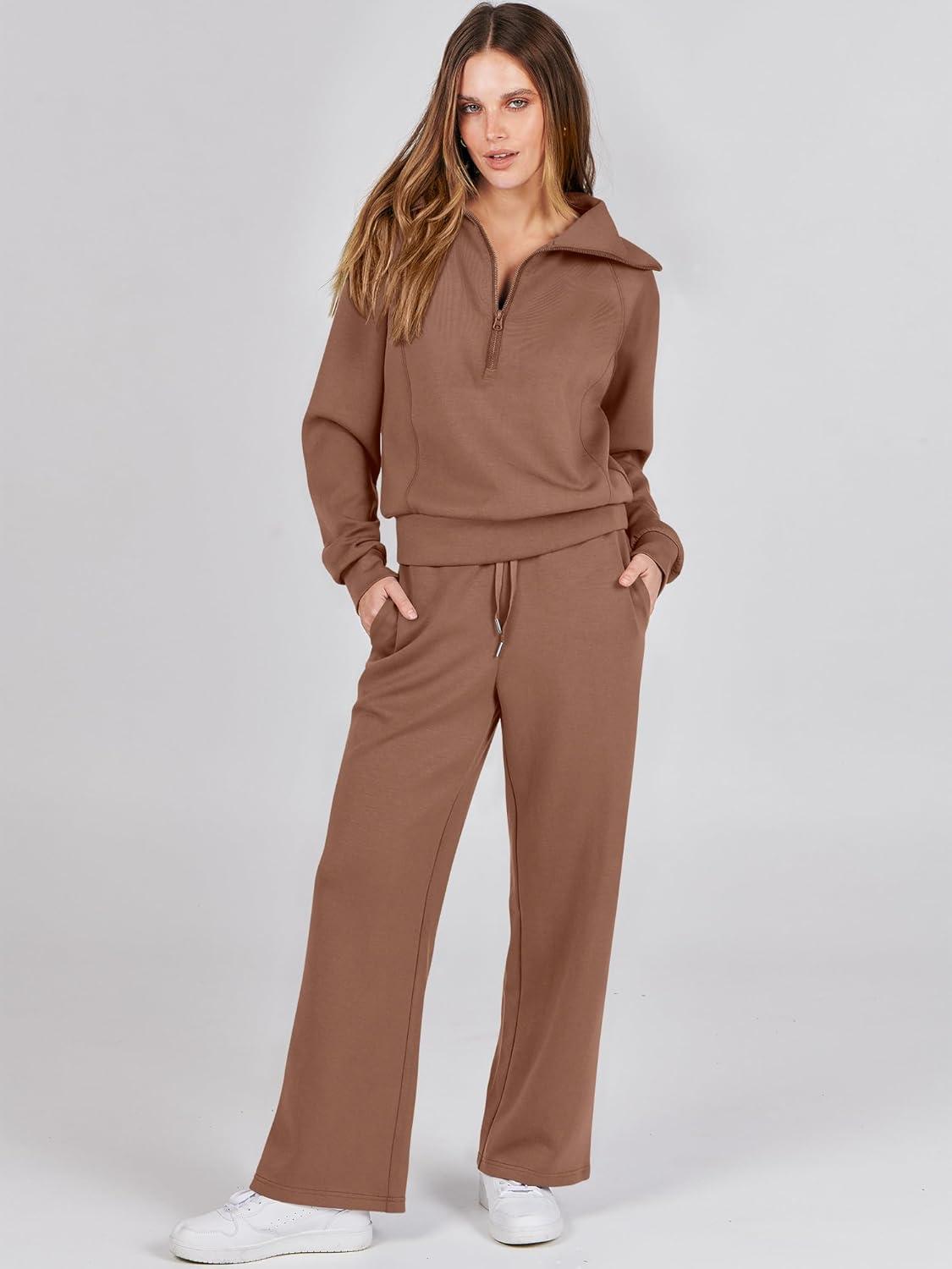 imageANRABESS Women 2 Piece Outfits 2025 Fall Fashion Airport Wide Leg Pants Lounge Set Leisure Travel Vacation Clothes SweatsuitsBurnt Brown