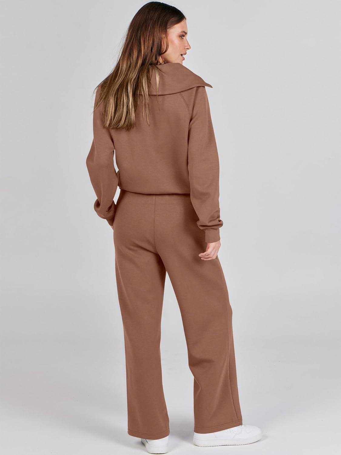 imageANRABESS Women 2 Piece Outfits 2025 Fall Fashion Airport Wide Leg Pants Lounge Set Leisure Travel Vacation Clothes SweatsuitsBurnt Brown