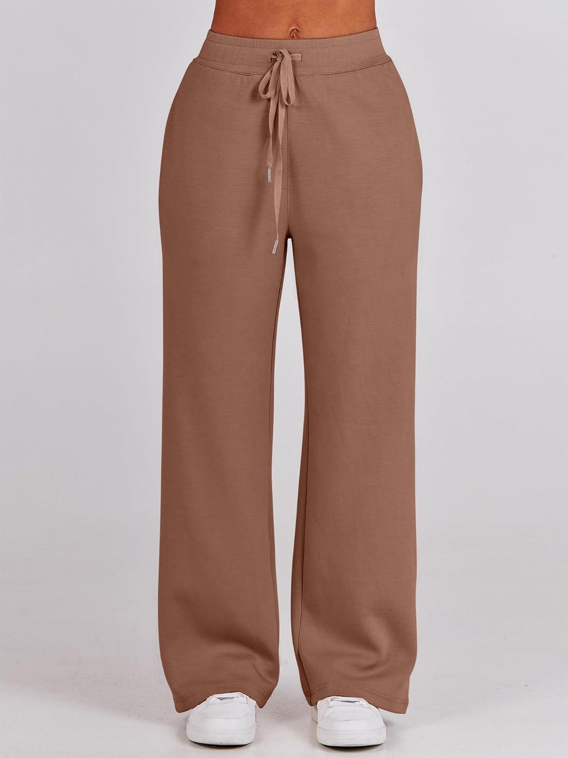 imageANRABESS Women 2 Piece Outfits 2025 Fall Fashion Airport Wide Leg Pants Lounge Set Leisure Travel Vacation Clothes SweatsuitsBurnt Brown