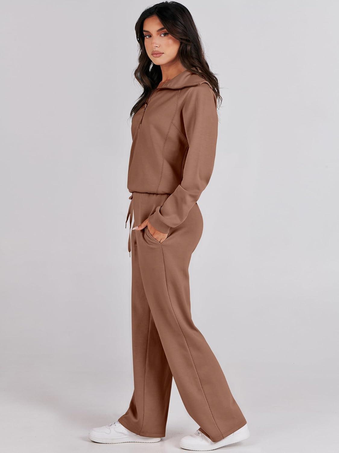 imageANRABESS Women 2 Piece Outfits 2025 Fall Fashion Airport Wide Leg Pants Lounge Set Leisure Travel Vacation Clothes SweatsuitsBurnt Brown