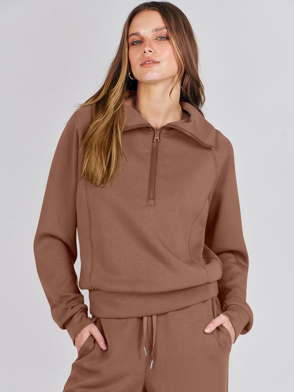 imageANRABESS Women 2 Piece Outfits 2025 Fall Fashion Airport Wide Leg Pants Lounge Set Leisure Travel Vacation Clothes SweatsuitsBurnt Brown