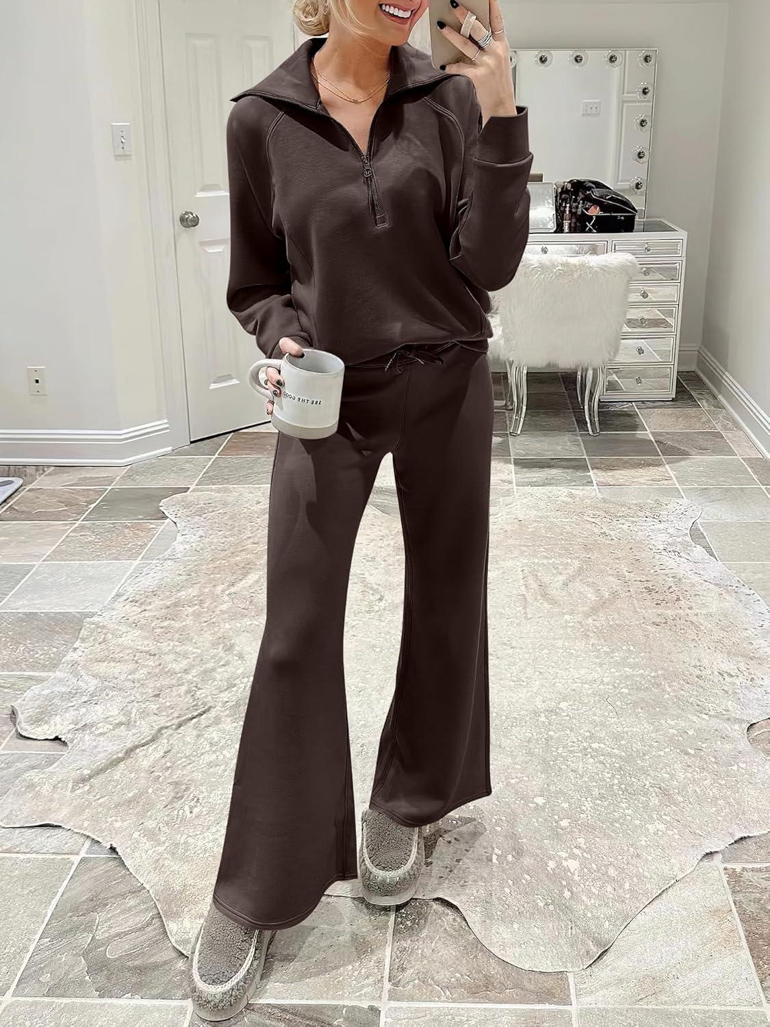 imageANRABESS Women 2 Piece Outfits 2025 Fall Fashion Airport Wide Leg Pants Lounge Set Leisure Travel Vacation Clothes SweatsuitsCoffee