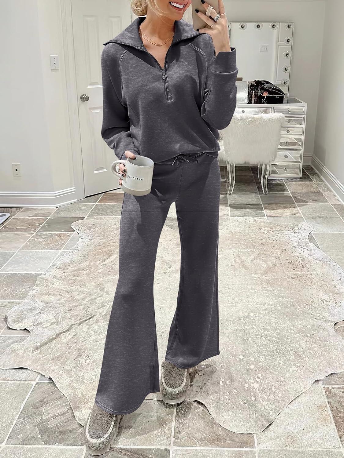 imageANRABESS Women 2 Piece Outfits 2025 Fall Fashion Airport Wide Leg Pants Lounge Set Leisure Travel Vacation Clothes SweatsuitsDark Grey