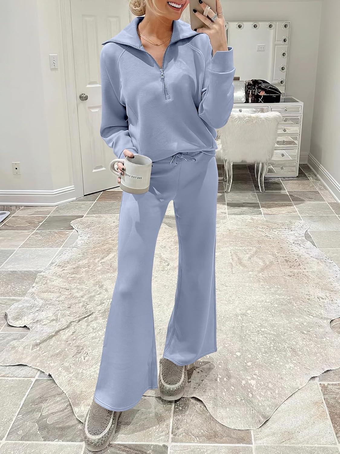 imageANRABESS Women 2 Piece Outfits 2025 Fall Fashion Airport Wide Leg Pants Lounge Set Leisure Travel Vacation Clothes SweatsuitsDusty Blue