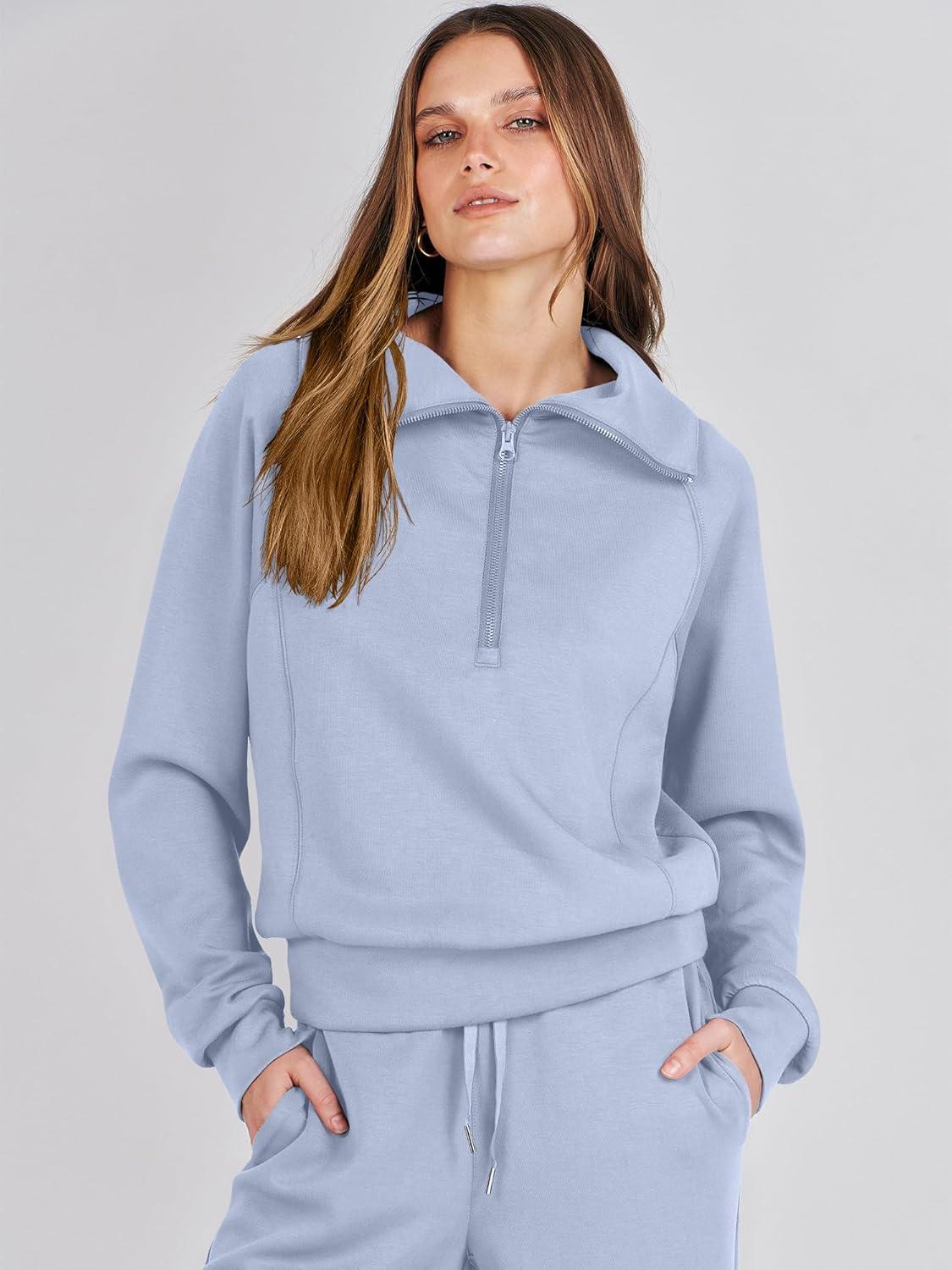 imageANRABESS Women 2 Piece Outfits 2025 Fall Fashion Airport Wide Leg Pants Lounge Set Leisure Travel Vacation Clothes SweatsuitsDusty Blue