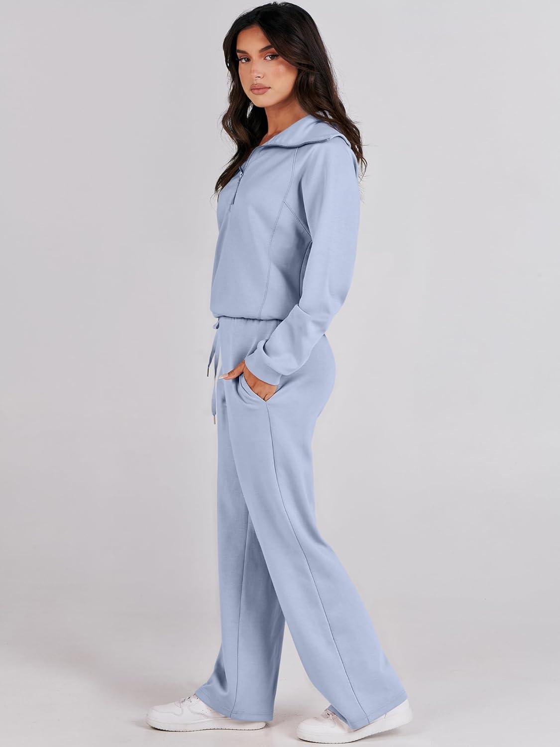 imageANRABESS Women 2 Piece Outfits 2025 Fall Fashion Airport Wide Leg Pants Lounge Set Leisure Travel Vacation Clothes SweatsuitsDusty Blue