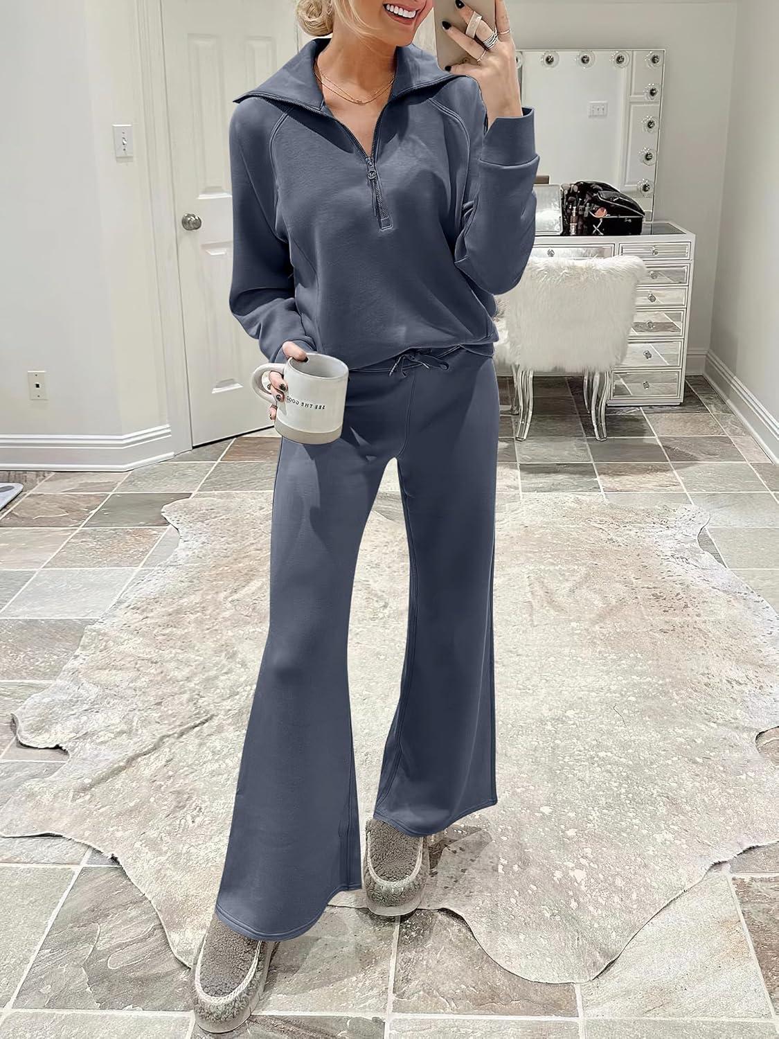 imageANRABESS Women 2 Piece Outfits 2025 Fall Fashion Airport Wide Leg Pants Lounge Set Leisure Travel Vacation Clothes SweatsuitsGray