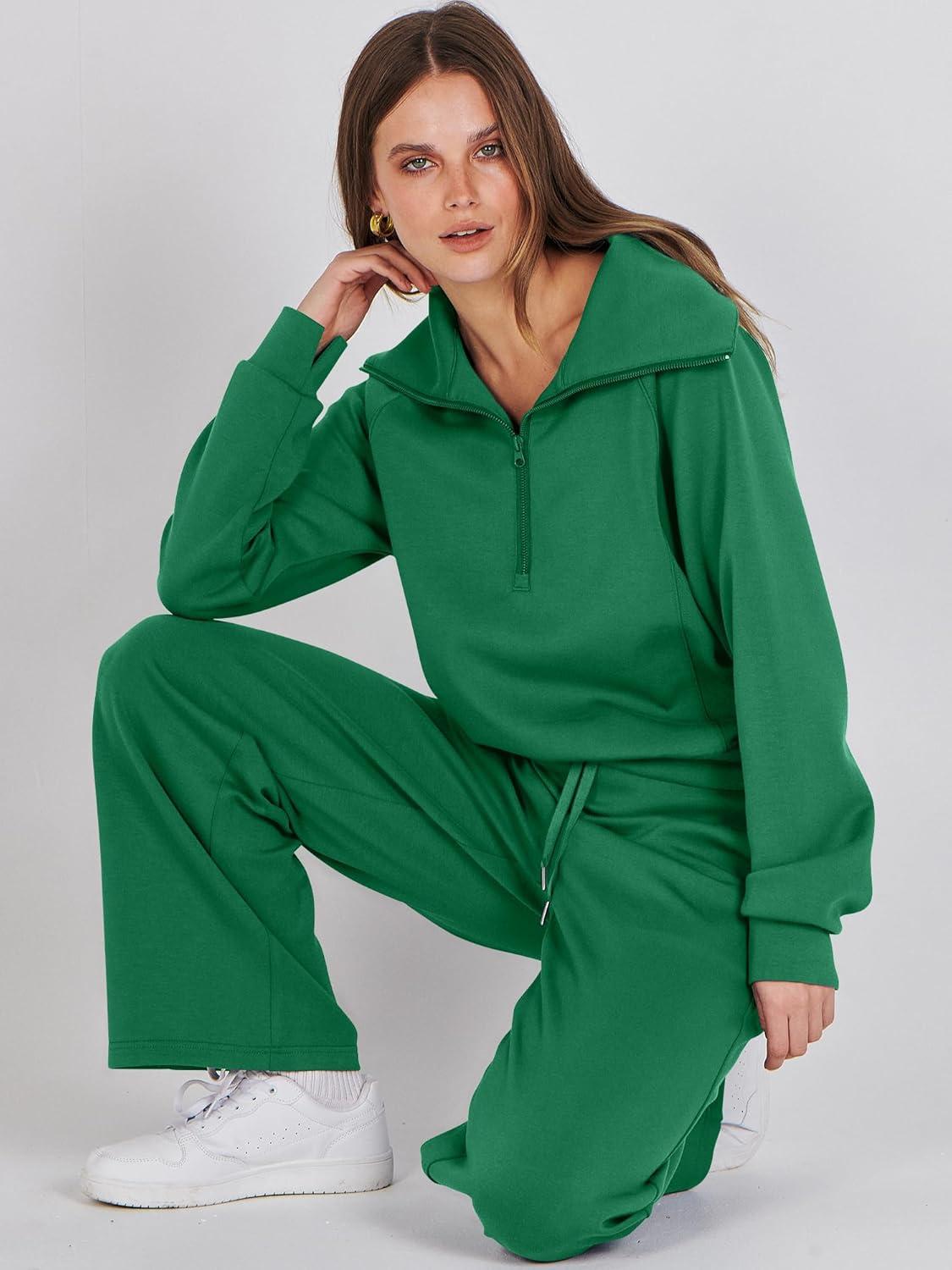 imageANRABESS Women 2 Piece Outfits 2025 Fall Fashion Airport Wide Leg Pants Lounge Set Leisure Travel Vacation Clothes SweatsuitsGreen