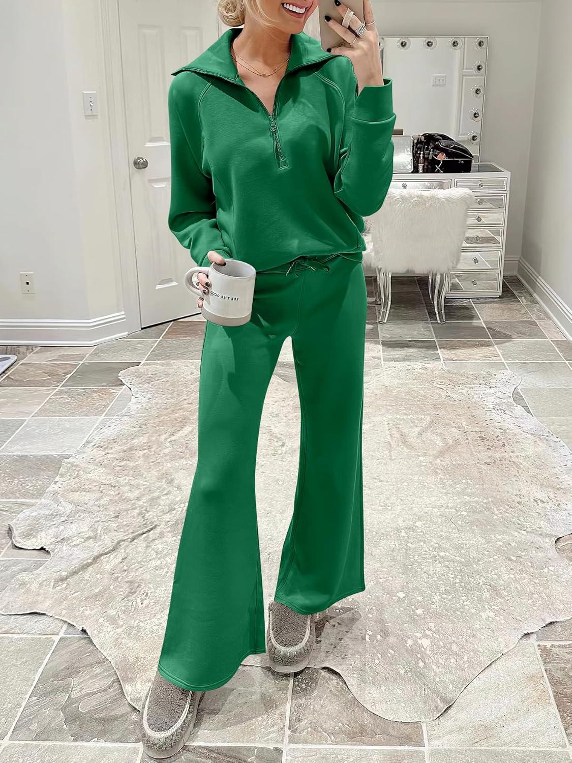 imageANRABESS Women 2 Piece Outfits 2025 Fall Fashion Airport Wide Leg Pants Lounge Set Leisure Travel Vacation Clothes SweatsuitsGreen