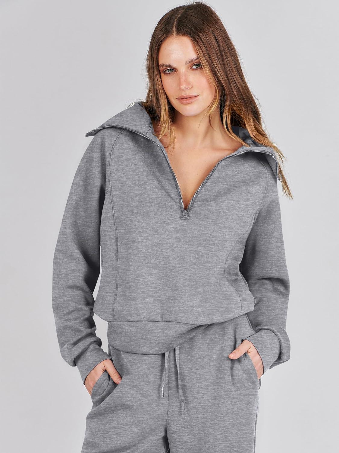 imageANRABESS Women 2 Piece Outfits 2025 Fall Fashion Airport Wide Leg Pants Lounge Set Leisure Travel Vacation Clothes SweatsuitsGrey