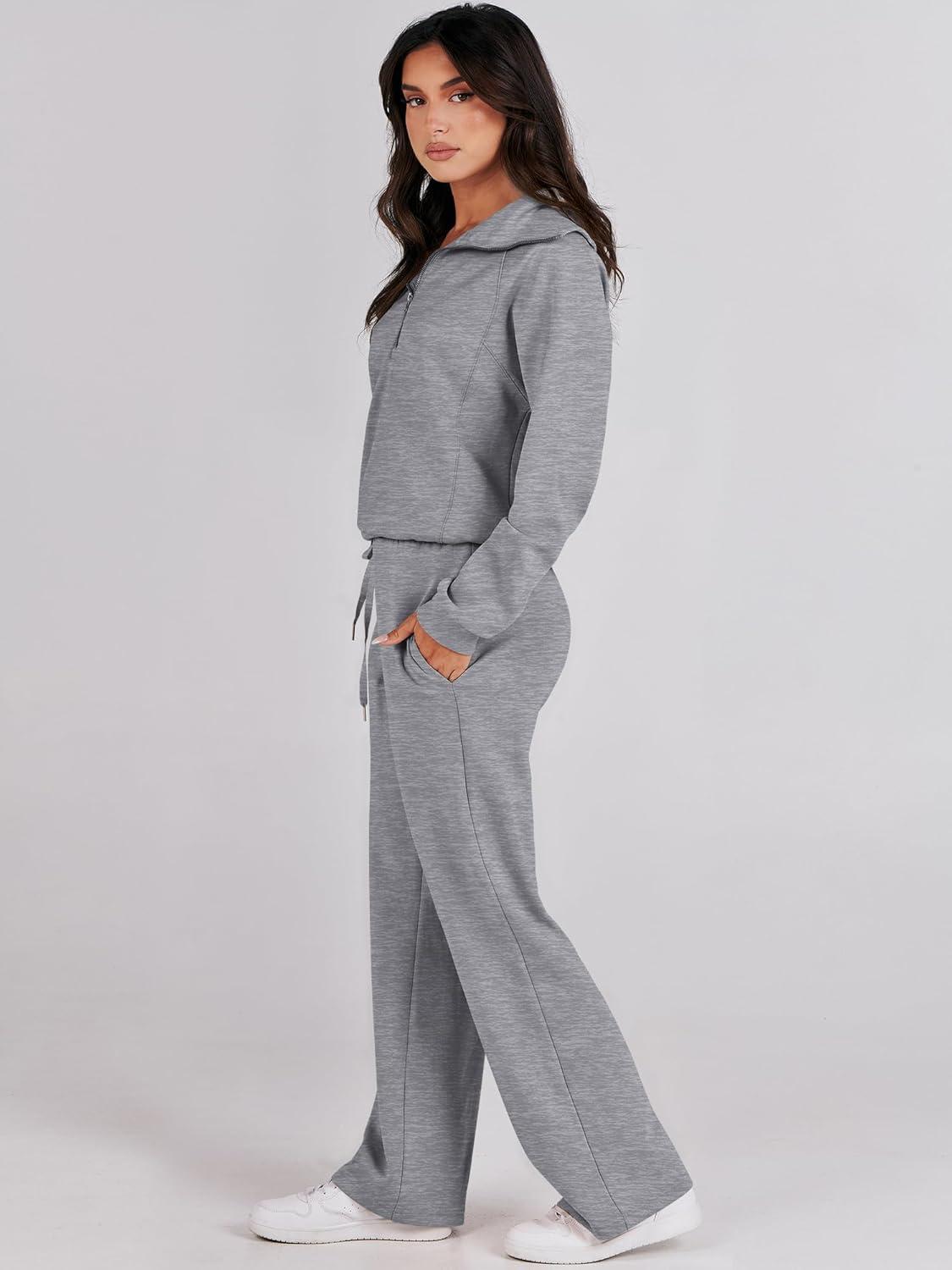 imageANRABESS Women 2 Piece Outfits 2025 Fall Fashion Airport Wide Leg Pants Lounge Set Leisure Travel Vacation Clothes SweatsuitsGrey