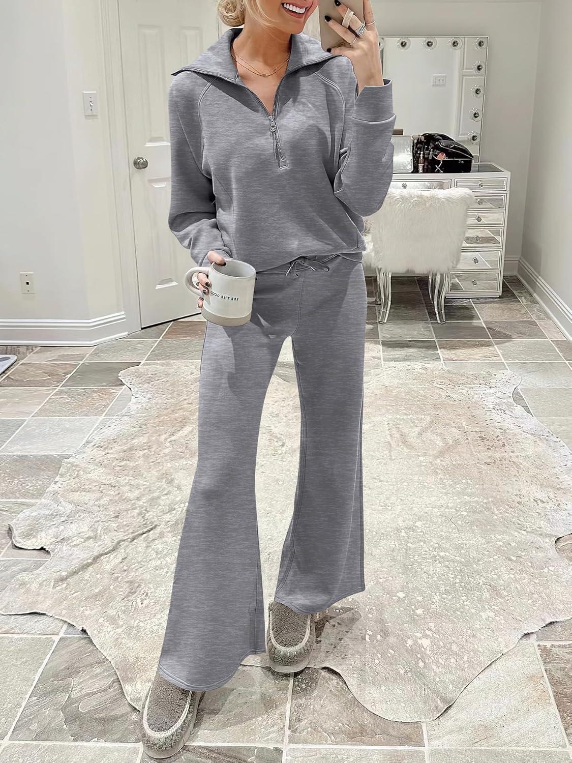 imageANRABESS Women 2 Piece Outfits 2025 Fall Fashion Airport Wide Leg Pants Lounge Set Leisure Travel Vacation Clothes SweatsuitsGrey