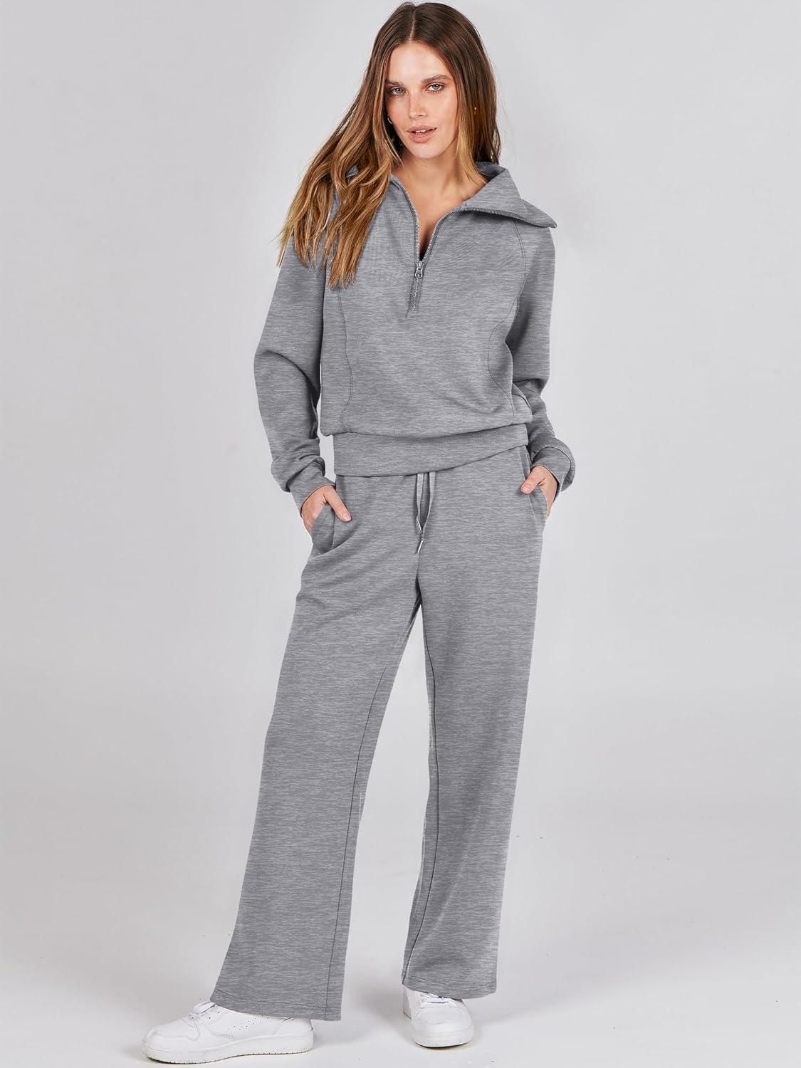 imageANRABESS Women 2 Piece Outfits 2025 Fall Fashion Airport Wide Leg Pants Lounge Set Leisure Travel Vacation Clothes SweatsuitsGrey