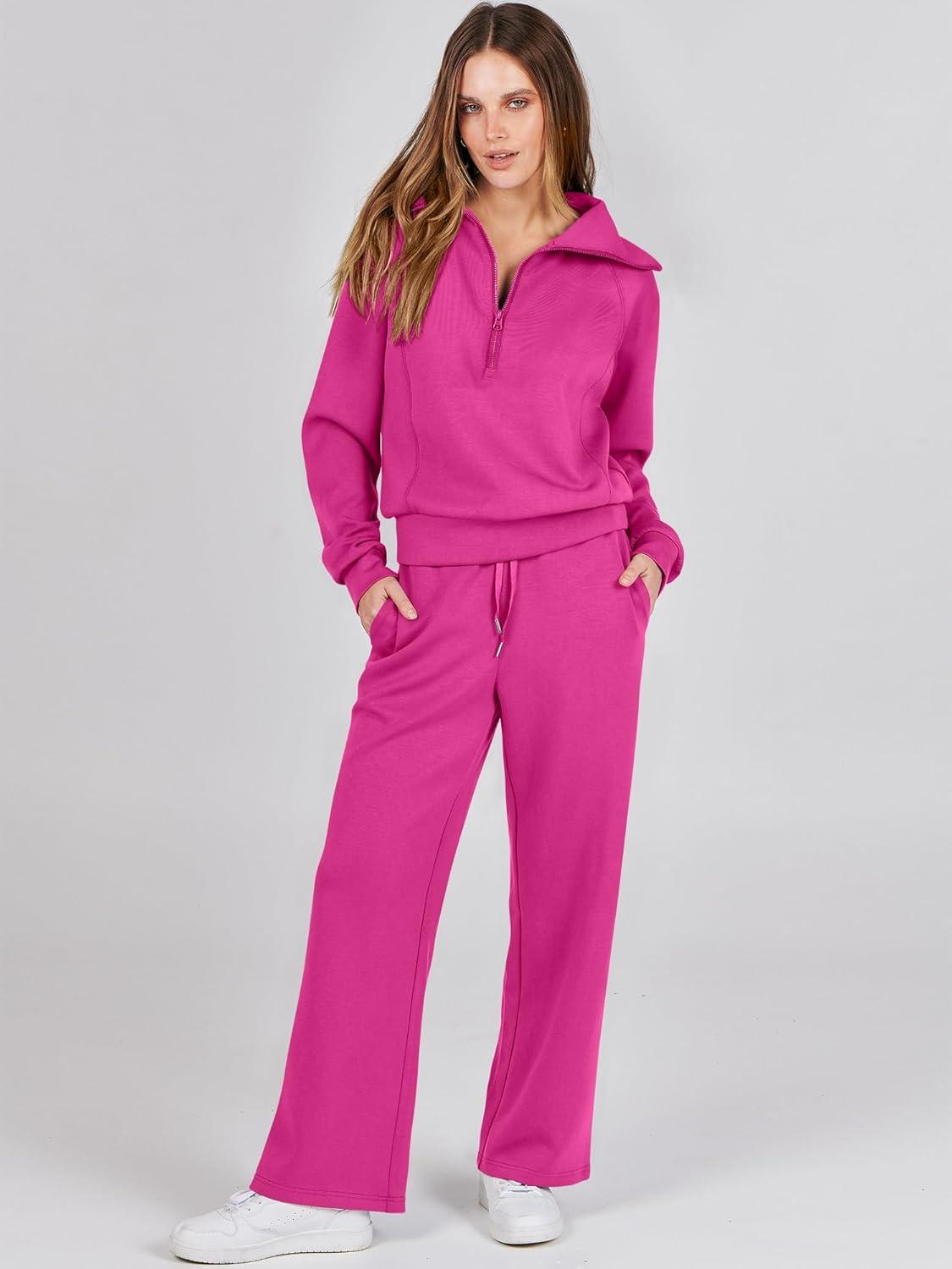 imageANRABESS Women 2 Piece Outfits 2025 Fall Fashion Airport Wide Leg Pants Lounge Set Leisure Travel Vacation Clothes SweatsuitsHot Pink