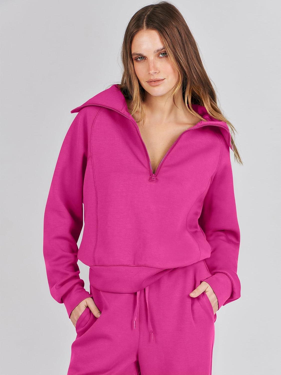 imageANRABESS Women 2 Piece Outfits 2025 Fall Fashion Airport Wide Leg Pants Lounge Set Leisure Travel Vacation Clothes SweatsuitsHot Pink