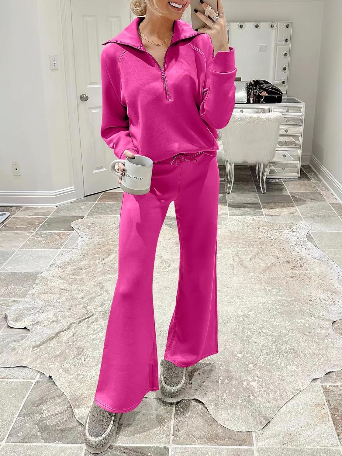 imageANRABESS Women 2 Piece Outfits 2025 Fall Fashion Airport Wide Leg Pants Lounge Set Leisure Travel Vacation Clothes SweatsuitsHot Pink