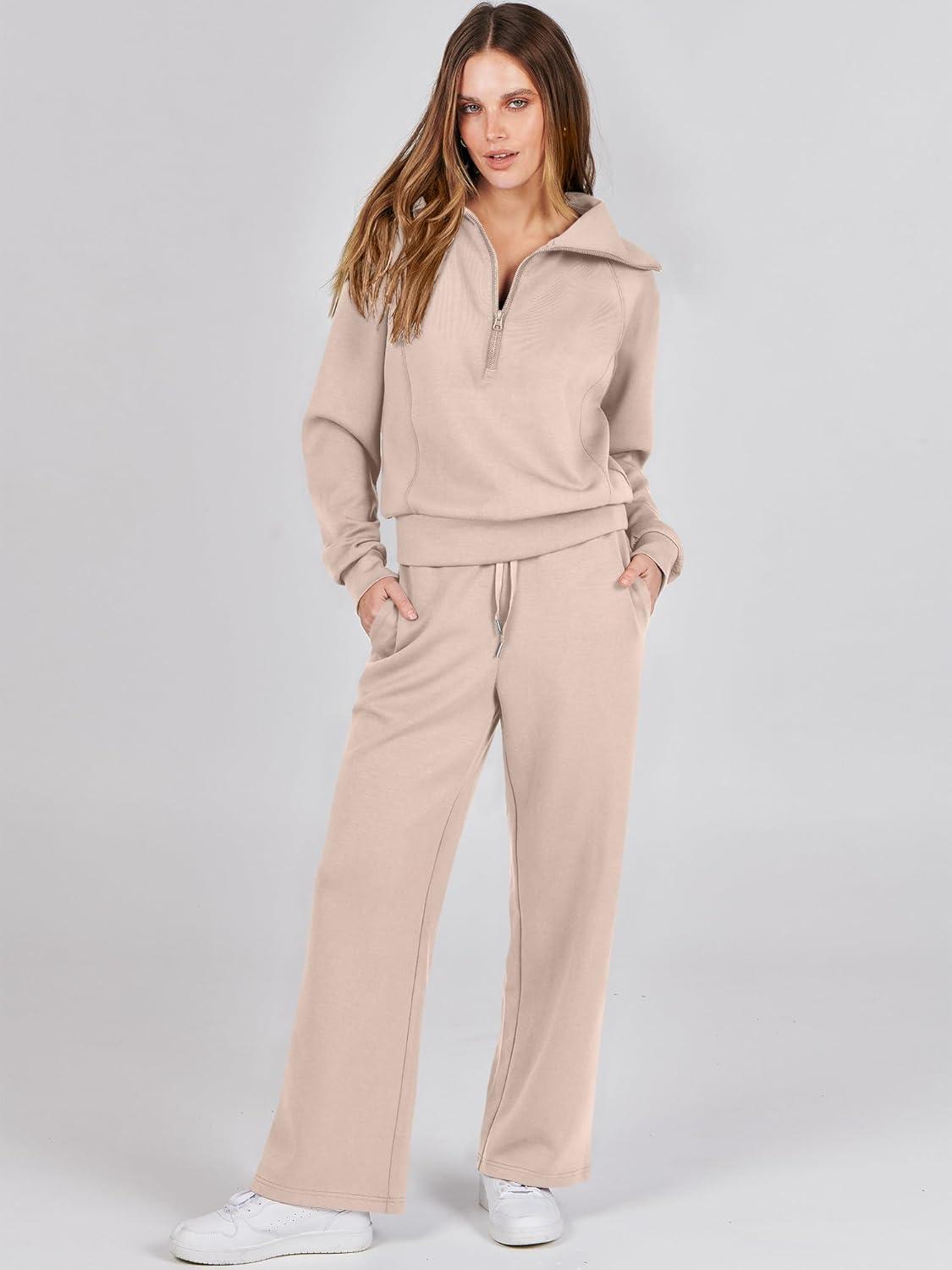 imageANRABESS Women 2 Piece Outfits 2025 Fall Fashion Airport Wide Leg Pants Lounge Set Leisure Travel Vacation Clothes SweatsuitsKhaki