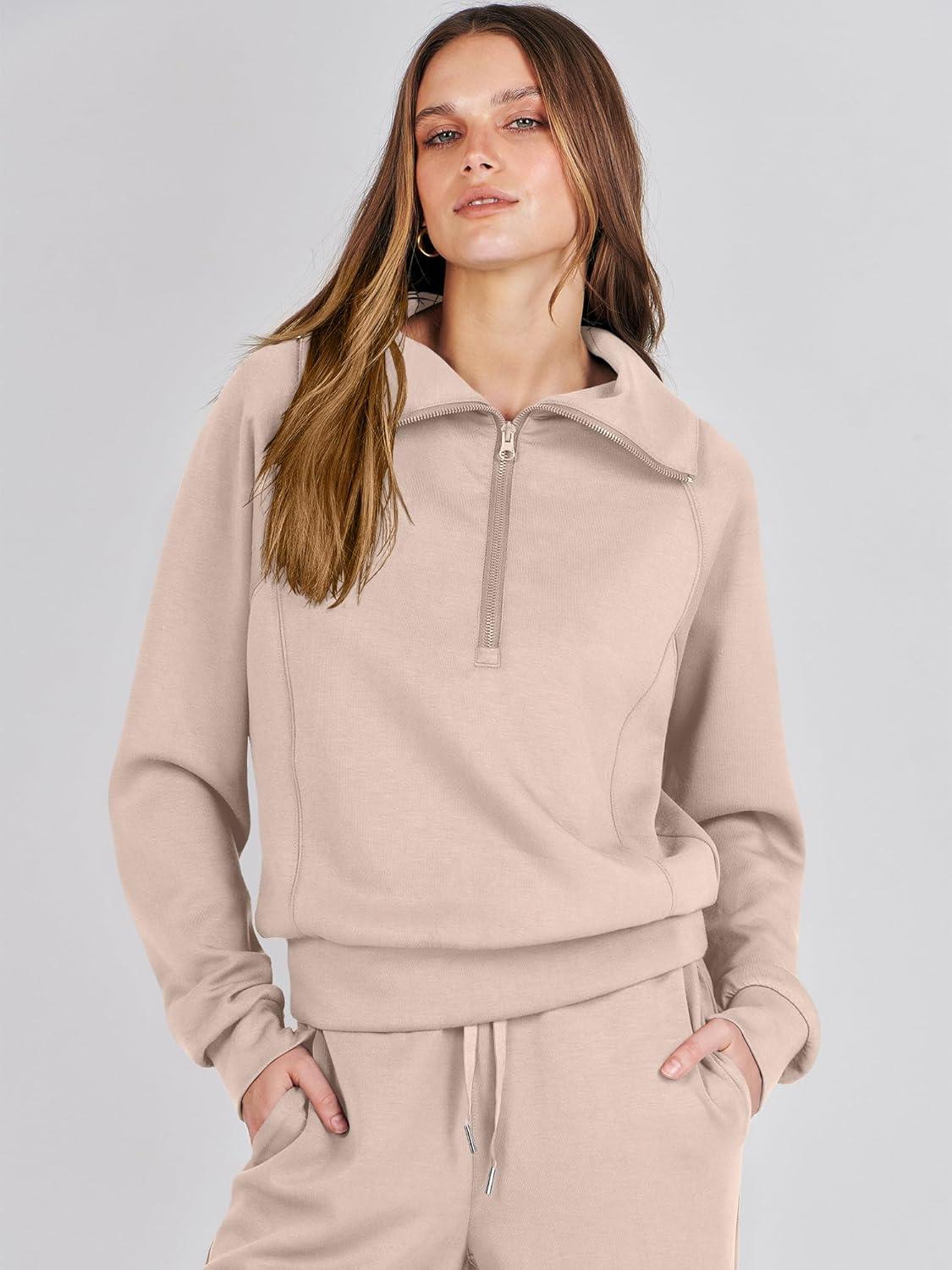 imageANRABESS Women 2 Piece Outfits 2025 Fall Fashion Airport Wide Leg Pants Lounge Set Leisure Travel Vacation Clothes SweatsuitsKhaki