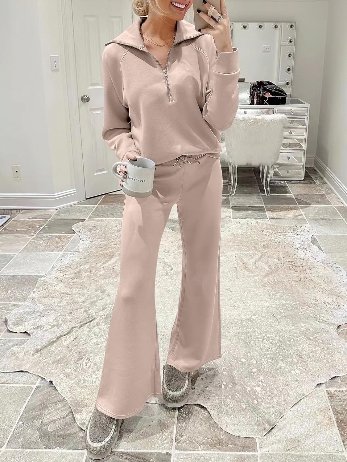 imageANRABESS Women 2 Piece Outfits 2025 Fall Fashion Airport Wide Leg Pants Lounge Set Leisure Travel Vacation Clothes SweatsuitsKhaki