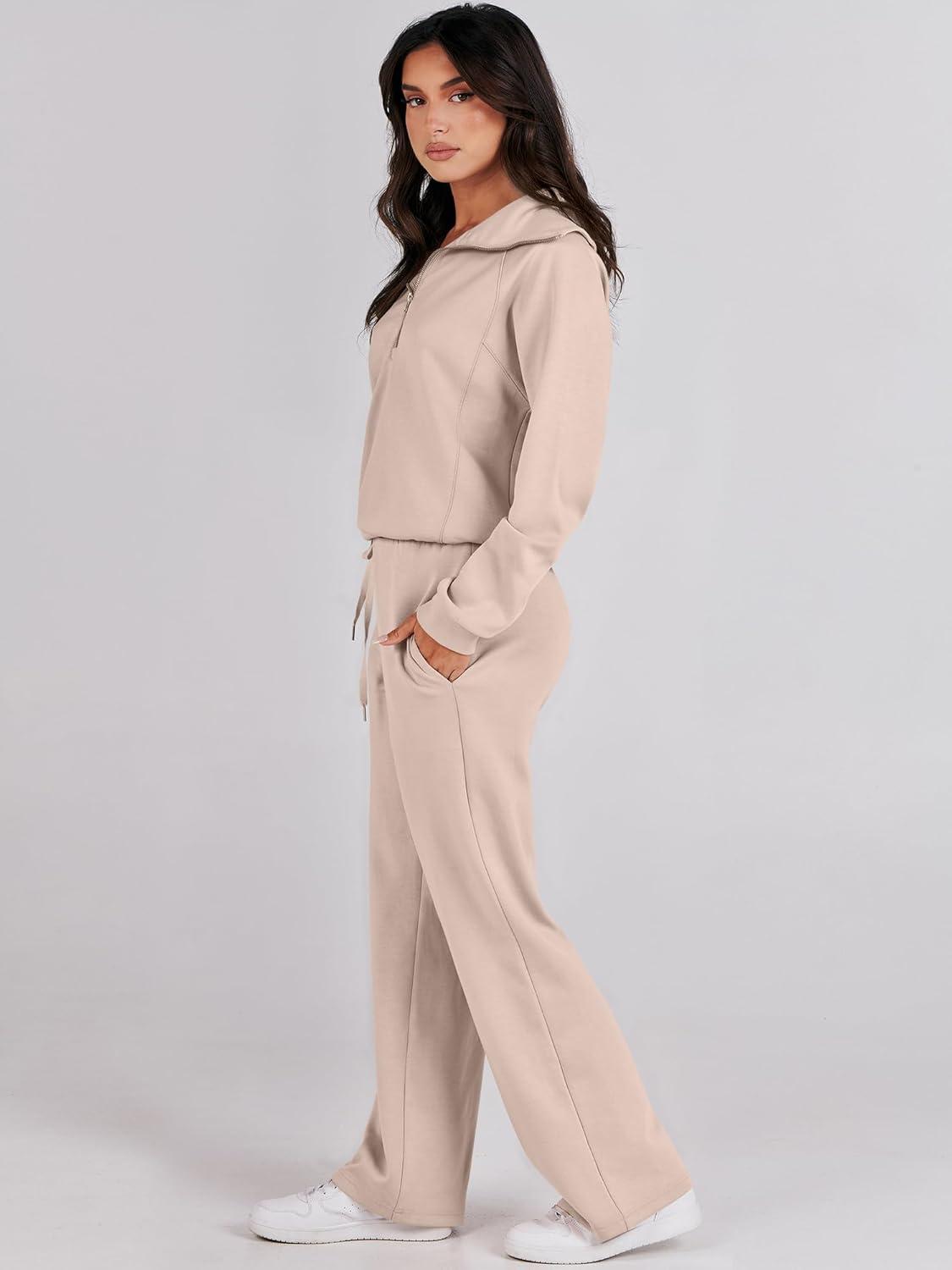 imageANRABESS Women 2 Piece Outfits 2025 Fall Fashion Airport Wide Leg Pants Lounge Set Leisure Travel Vacation Clothes SweatsuitsKhaki