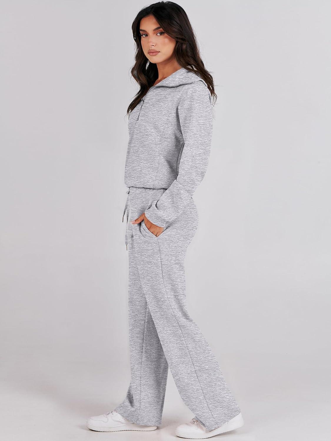 imageANRABESS Women 2 Piece Outfits 2025 Fall Fashion Airport Wide Leg Pants Lounge Set Leisure Travel Vacation Clothes SweatsuitsLight Grey