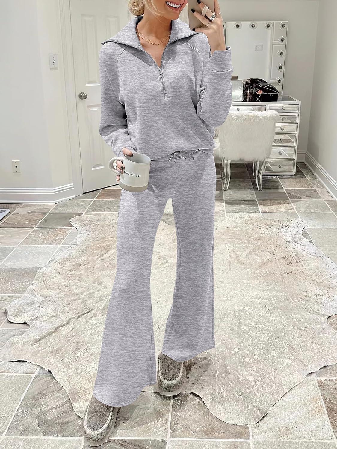 imageANRABESS Women 2 Piece Outfits 2025 Fall Fashion Airport Wide Leg Pants Lounge Set Leisure Travel Vacation Clothes SweatsuitsLight Grey