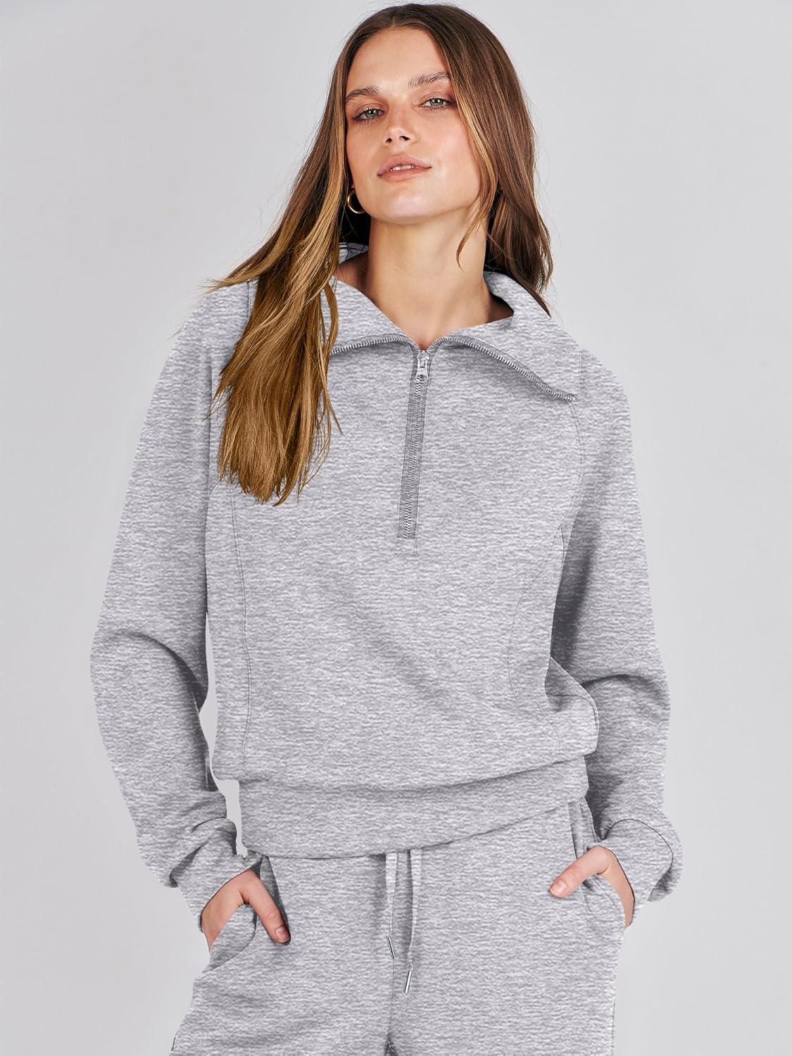 imageANRABESS Women 2 Piece Outfits 2025 Fall Fashion Airport Wide Leg Pants Lounge Set Leisure Travel Vacation Clothes SweatsuitsLight Grey