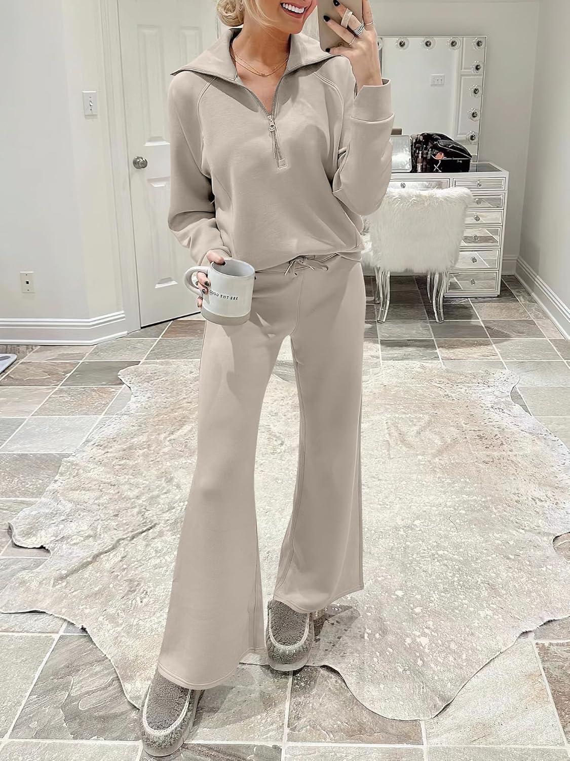 imageANRABESS Women 2 Piece Outfits 2025 Fall Fashion Airport Wide Leg Pants Lounge Set Leisure Travel Vacation Clothes SweatsuitsLight Khaki