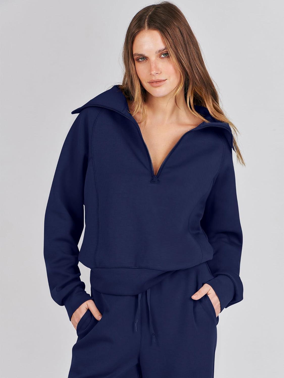 imageANRABESS Women 2 Piece Outfits 2025 Fall Fashion Airport Wide Leg Pants Lounge Set Leisure Travel Vacation Clothes SweatsuitsNavy Blue