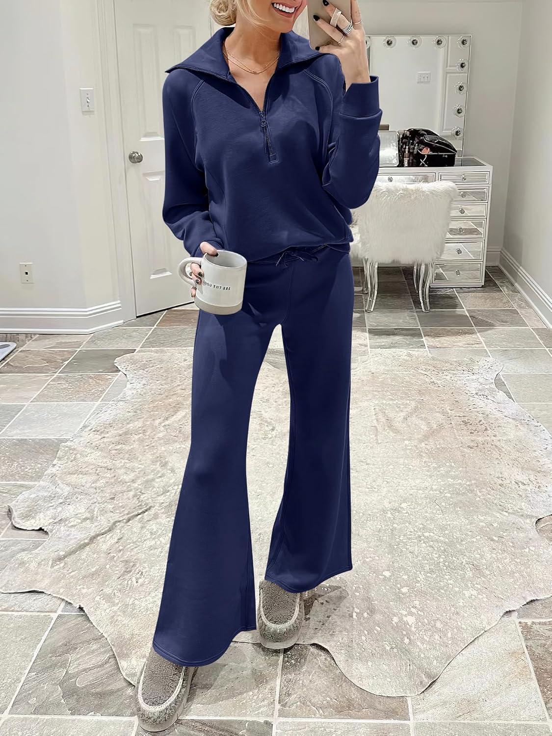 imageANRABESS Women 2 Piece Outfits 2025 Fall Fashion Airport Wide Leg Pants Lounge Set Leisure Travel Vacation Clothes SweatsuitsNavy Blue