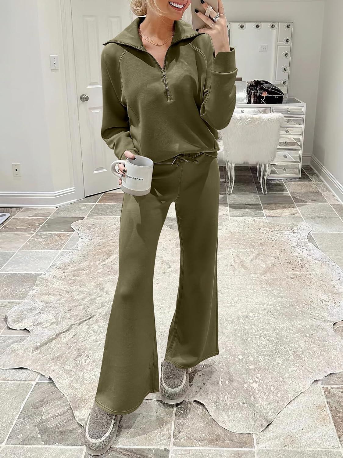 imageANRABESS Women 2 Piece Outfits 2025 Fall Fashion Airport Wide Leg Pants Lounge Set Leisure Travel Vacation Clothes SweatsuitsOlive