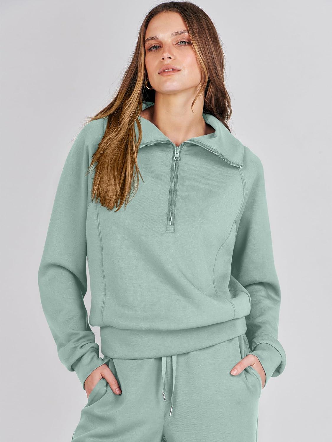 imageANRABESS Women 2 Piece Outfits 2025 Fall Fashion Airport Wide Leg Pants Lounge Set Leisure Travel Vacation Clothes SweatsuitsPea Green