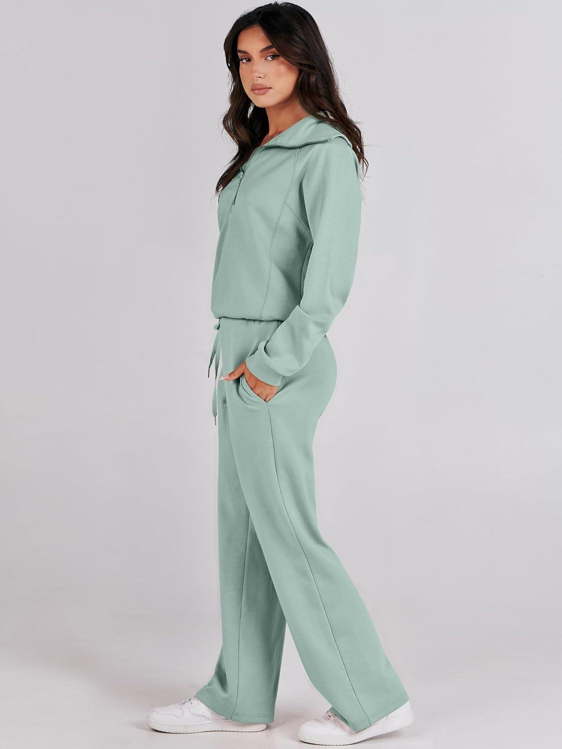 imageANRABESS Women 2 Piece Outfits 2025 Fall Fashion Airport Wide Leg Pants Lounge Set Leisure Travel Vacation Clothes SweatsuitsPea Green