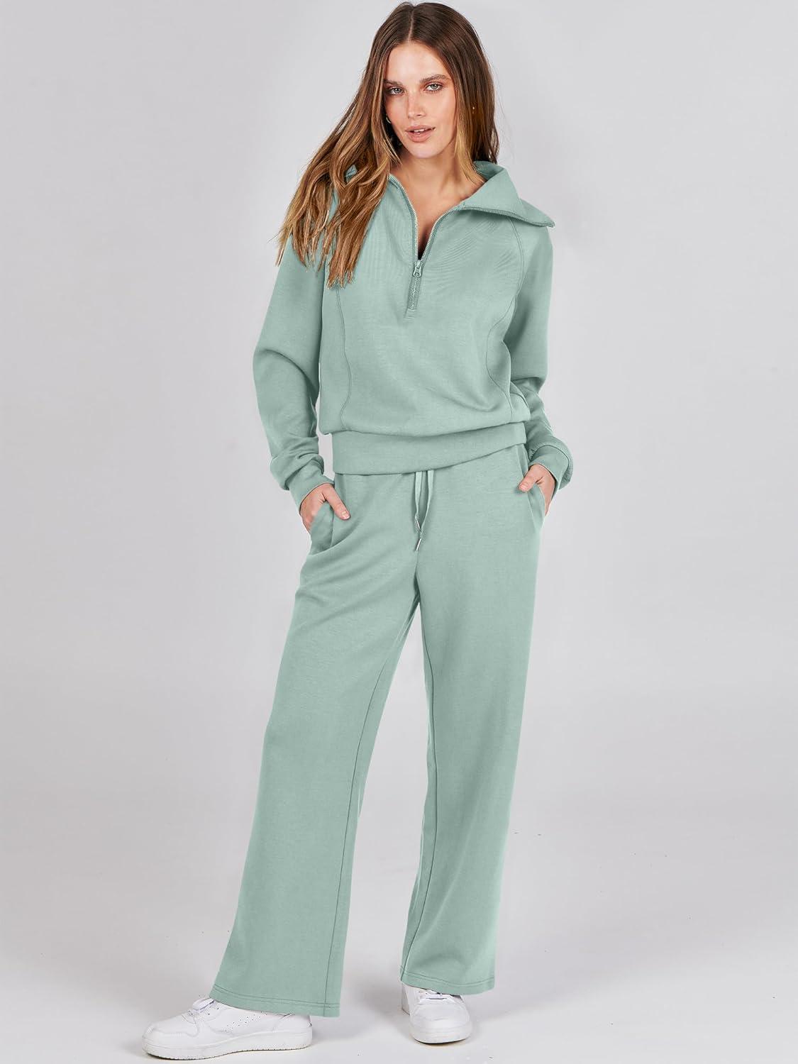 imageANRABESS Women 2 Piece Outfits 2025 Fall Fashion Airport Wide Leg Pants Lounge Set Leisure Travel Vacation Clothes SweatsuitsPea Green