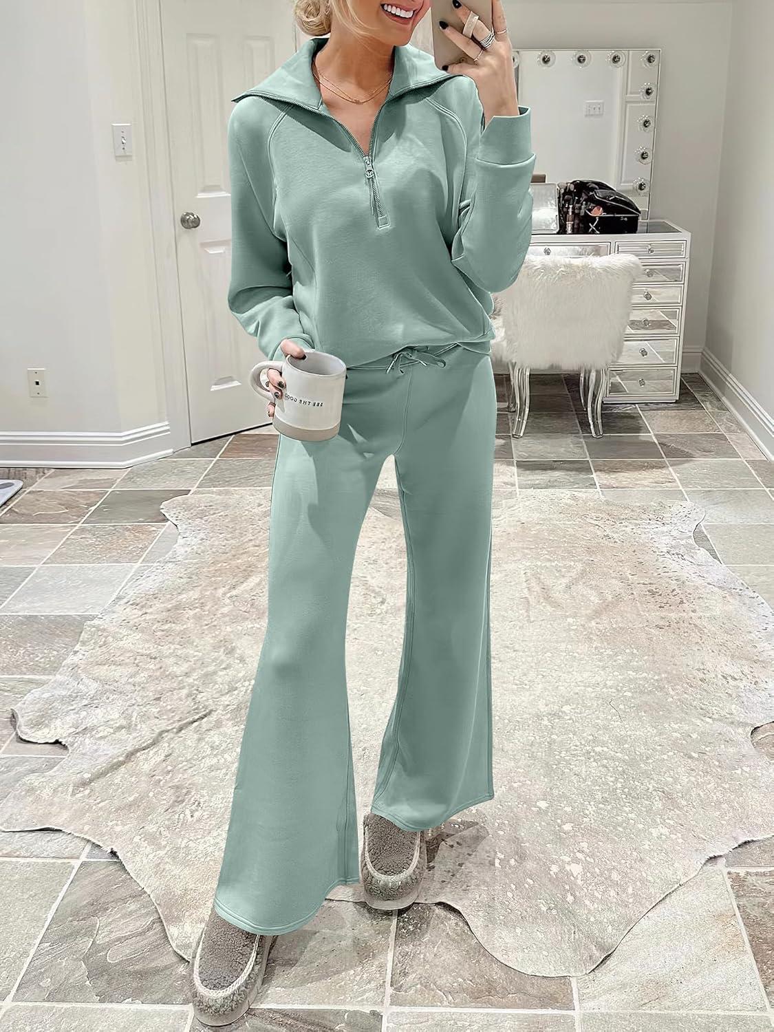 imageANRABESS Women 2 Piece Outfits 2025 Fall Fashion Airport Wide Leg Pants Lounge Set Leisure Travel Vacation Clothes SweatsuitsPea Green