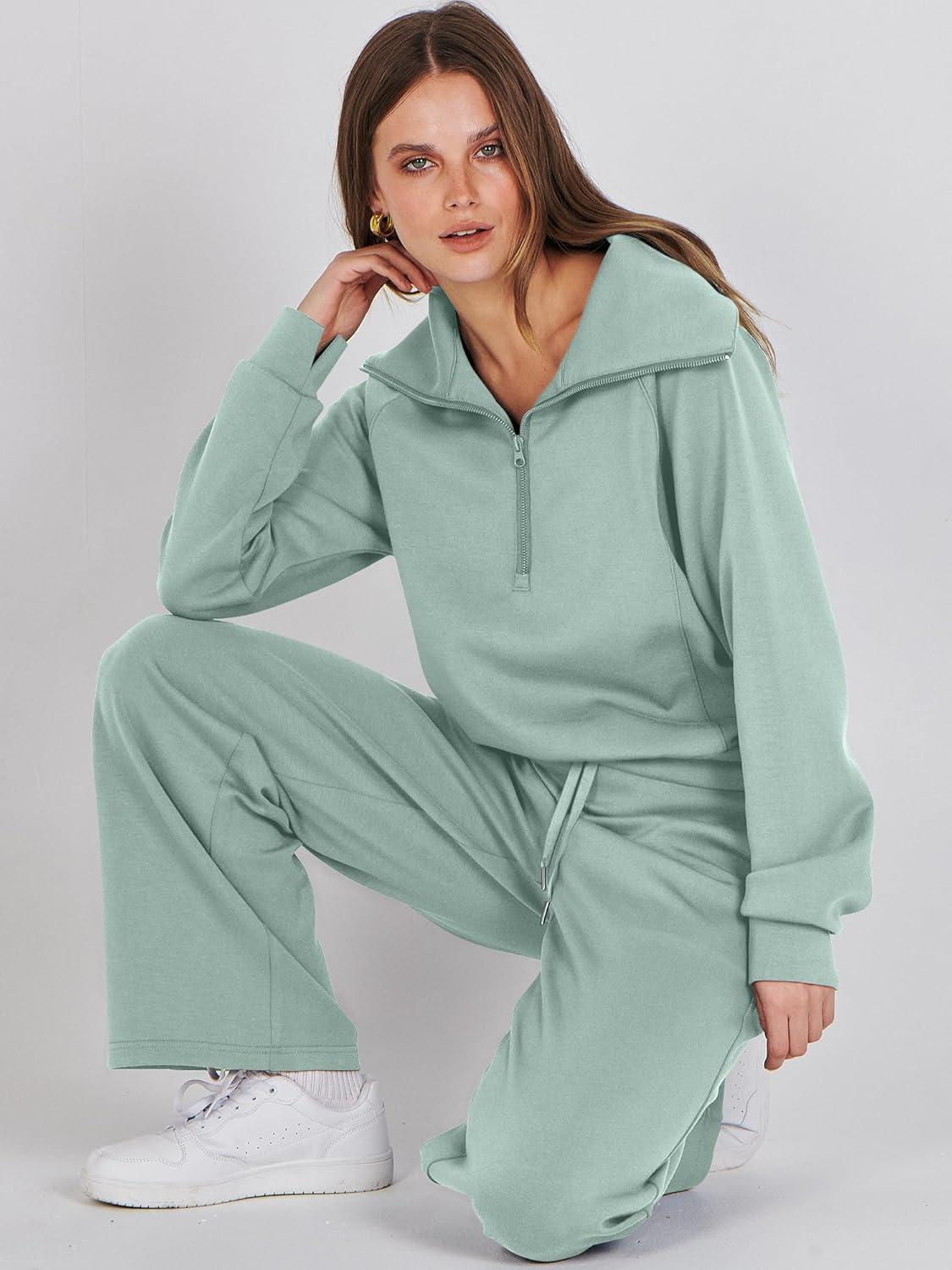 imageANRABESS Women 2 Piece Outfits 2025 Fall Fashion Airport Wide Leg Pants Lounge Set Leisure Travel Vacation Clothes SweatsuitsPea Green