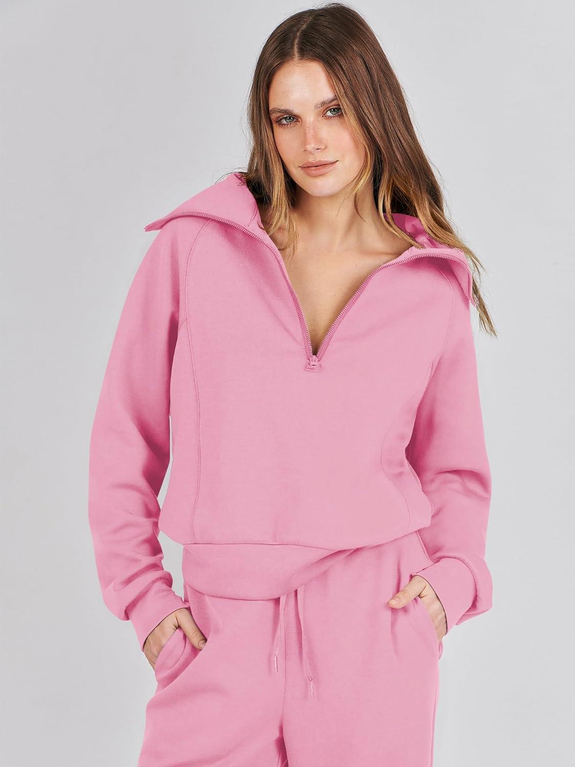 imageANRABESS Women 2 Piece Outfits 2025 Fall Fashion Airport Wide Leg Pants Lounge Set Leisure Travel Vacation Clothes SweatsuitsPink