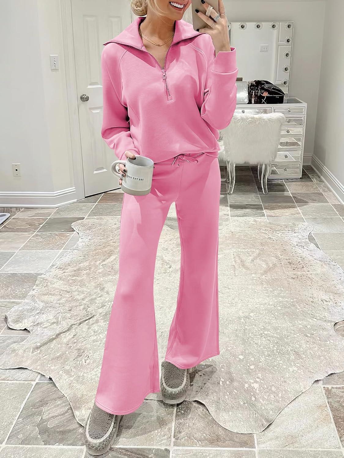 imageANRABESS Women 2 Piece Outfits 2025 Fall Fashion Airport Wide Leg Pants Lounge Set Leisure Travel Vacation Clothes SweatsuitsPink