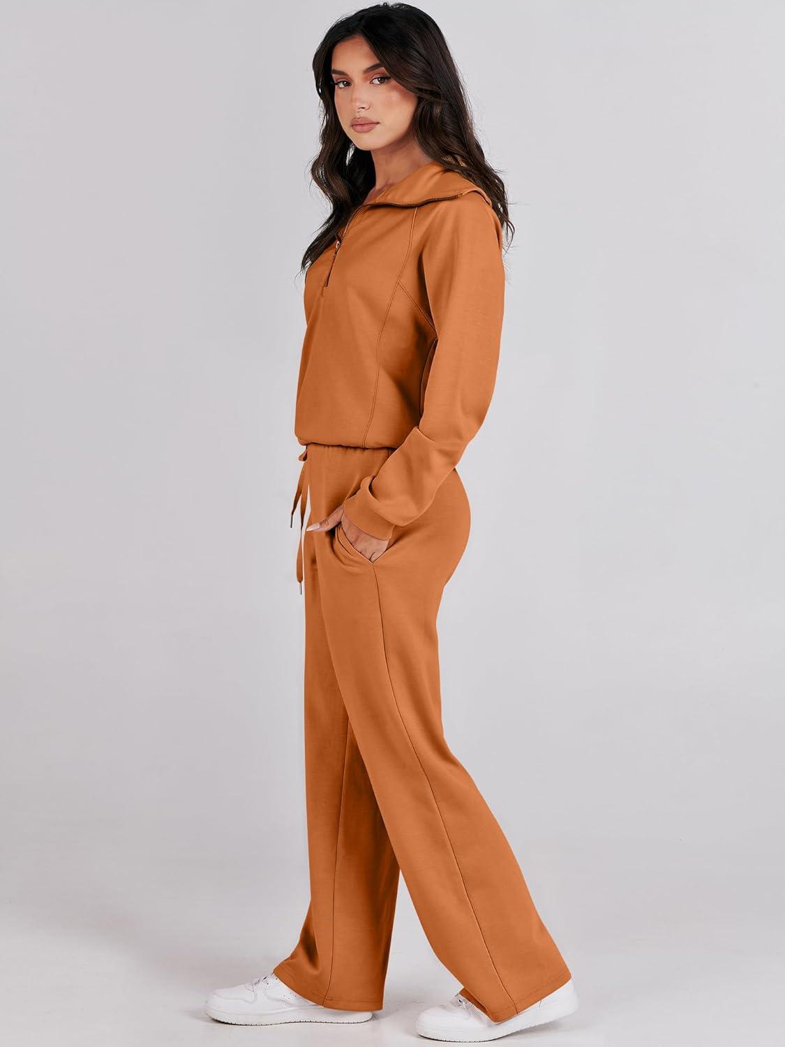 imageANRABESS Women 2 Piece Outfits 2025 Fall Fashion Airport Wide Leg Pants Lounge Set Leisure Travel Vacation Clothes SweatsuitsPumpkin