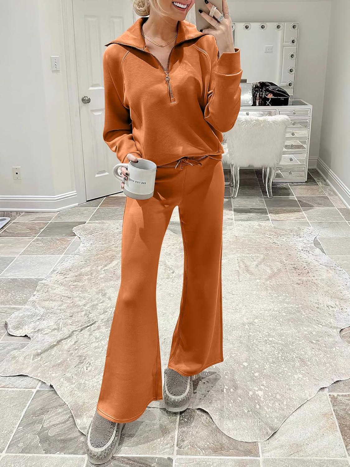 imageANRABESS Women 2 Piece Outfits 2025 Fall Fashion Airport Wide Leg Pants Lounge Set Leisure Travel Vacation Clothes SweatsuitsPumpkin