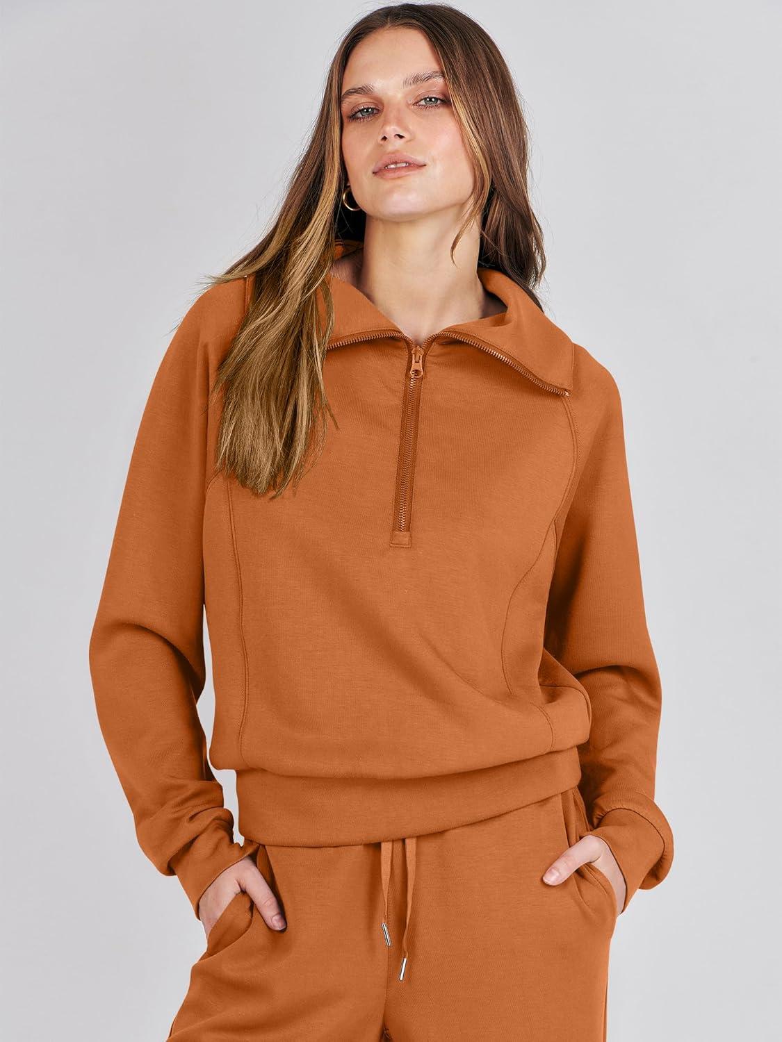 imageANRABESS Women 2 Piece Outfits 2025 Fall Fashion Airport Wide Leg Pants Lounge Set Leisure Travel Vacation Clothes SweatsuitsPumpkin