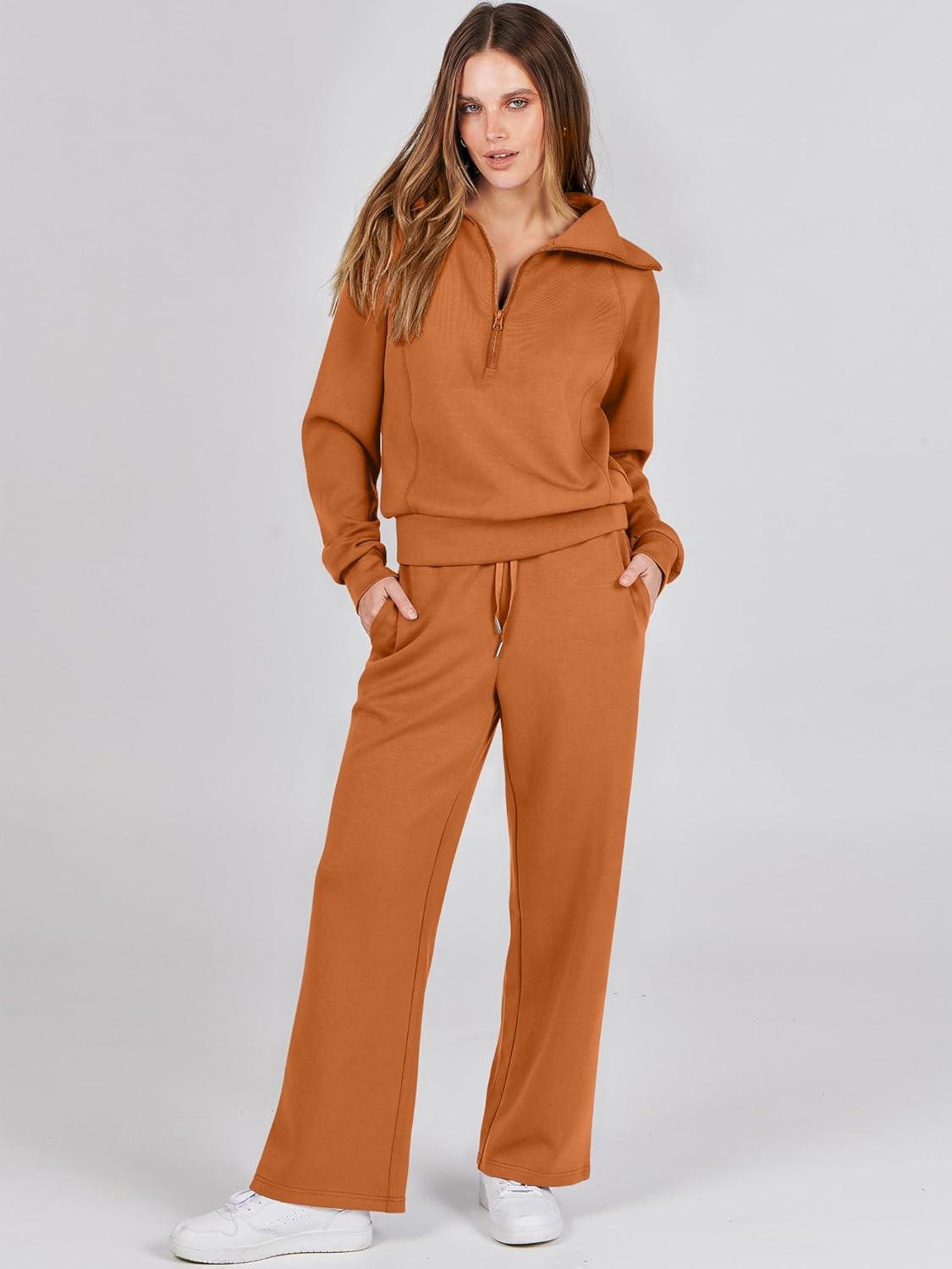 imageANRABESS Women 2 Piece Outfits 2025 Fall Fashion Airport Wide Leg Pants Lounge Set Leisure Travel Vacation Clothes SweatsuitsPumpkin