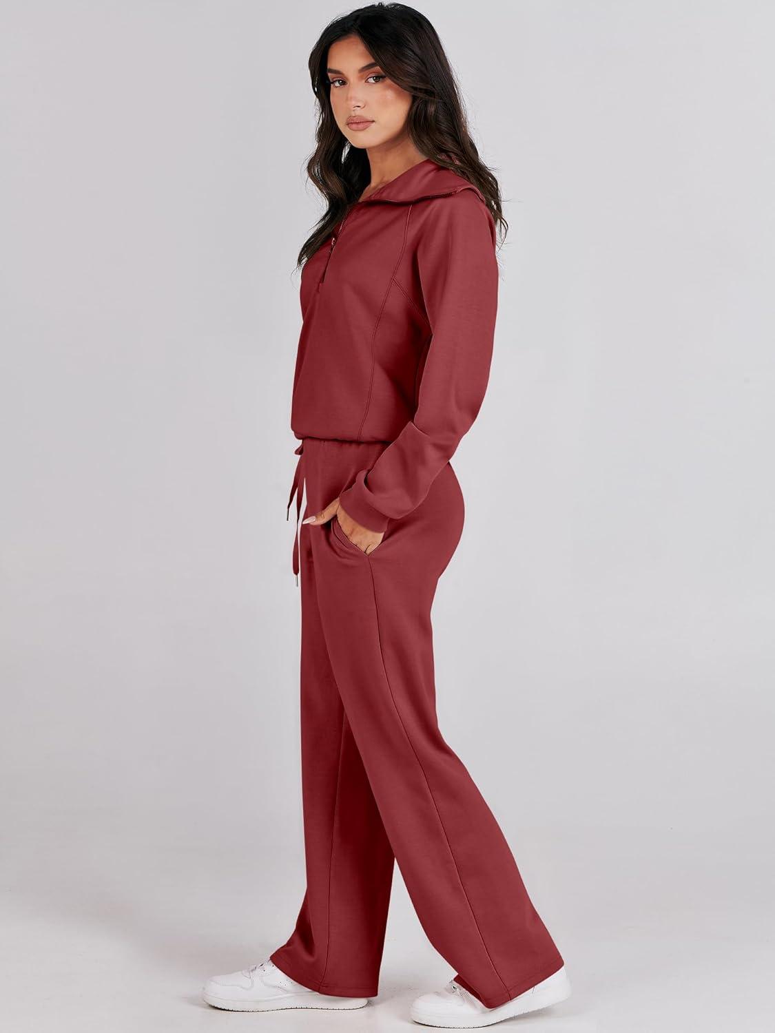 imageANRABESS Women 2 Piece Outfits 2025 Fall Fashion Airport Wide Leg Pants Lounge Set Leisure Travel Vacation Clothes SweatsuitsRed