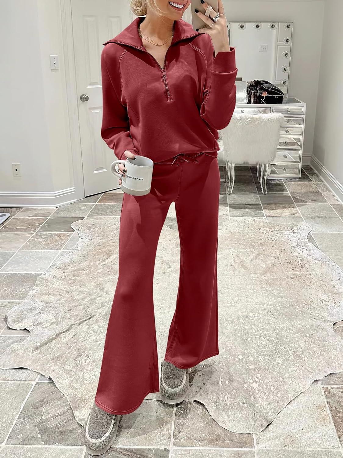 imageANRABESS Women 2 Piece Outfits 2025 Fall Fashion Airport Wide Leg Pants Lounge Set Leisure Travel Vacation Clothes SweatsuitsRed
