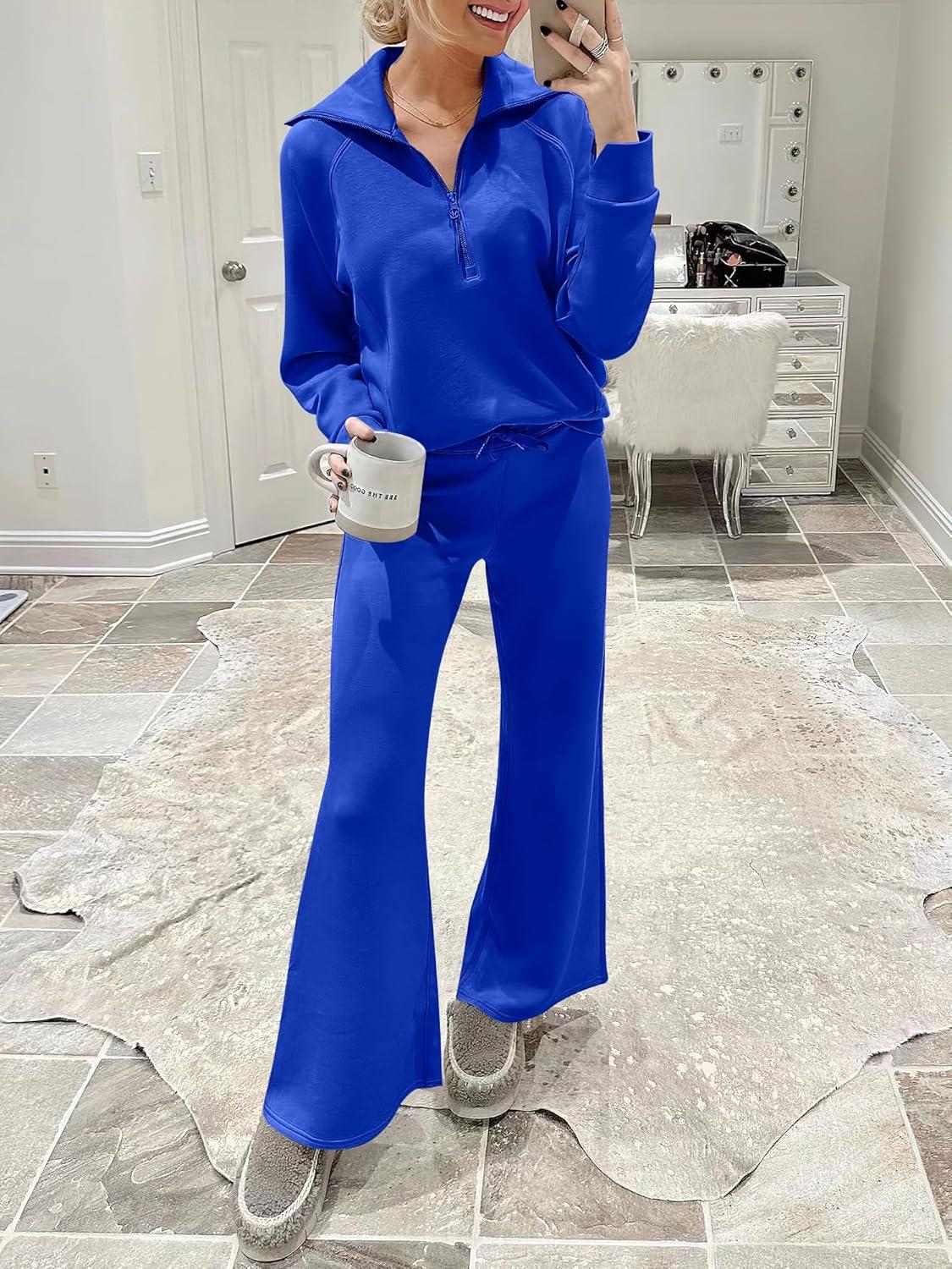 imageANRABESS Women 2 Piece Outfits 2025 Fall Fashion Airport Wide Leg Pants Lounge Set Leisure Travel Vacation Clothes SweatsuitsRoyal Blue