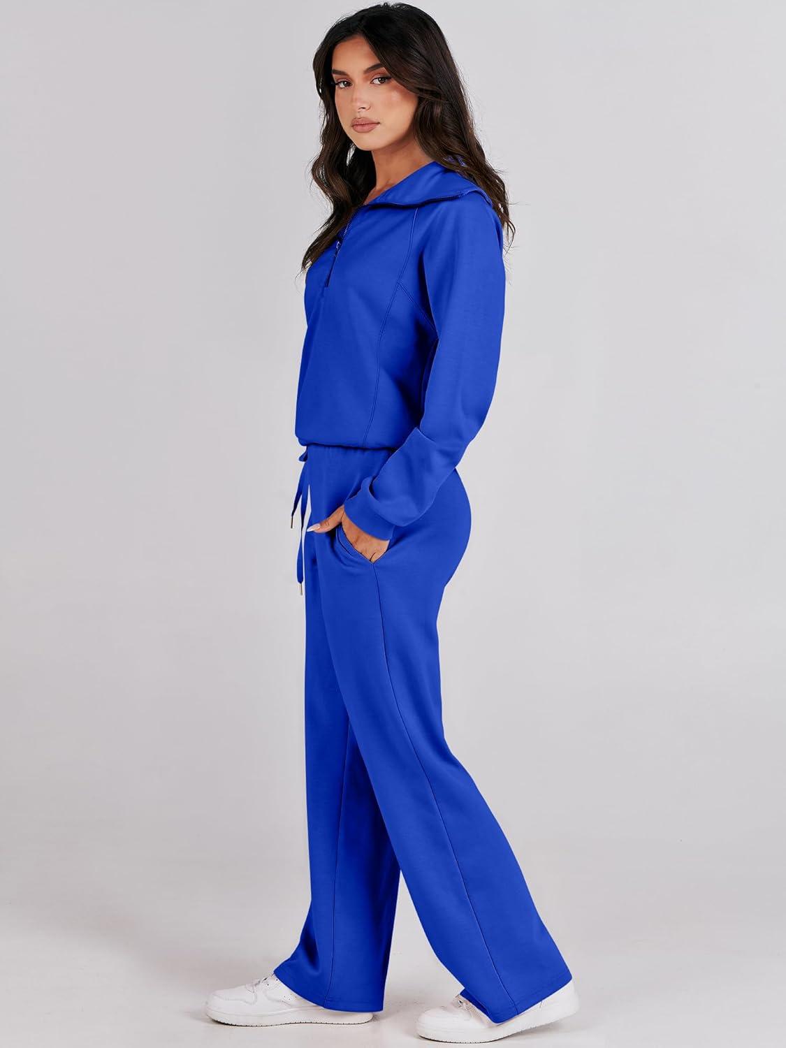 imageANRABESS Women 2 Piece Outfits 2025 Fall Fashion Airport Wide Leg Pants Lounge Set Leisure Travel Vacation Clothes SweatsuitsRoyal Blue